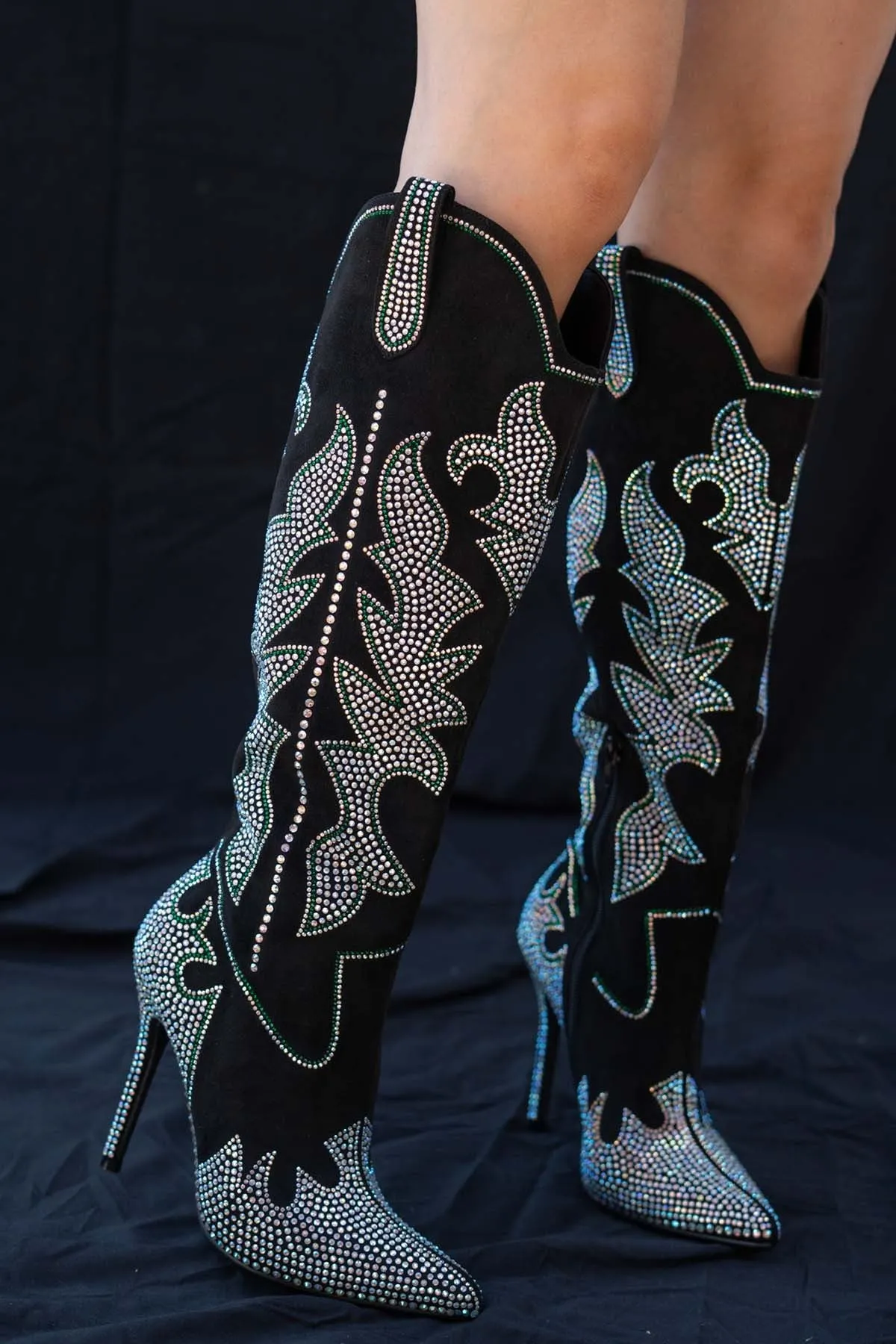 SHINING QUEEN Silver Black boot with Silver and Green Rhinestone Detail