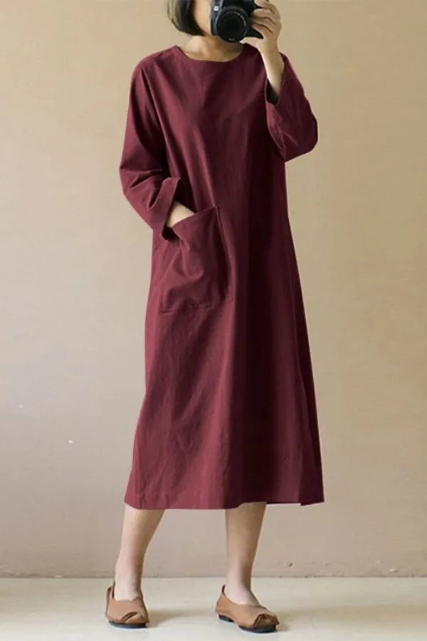 Solid Color Cotton Round Neck Maxi Dress
