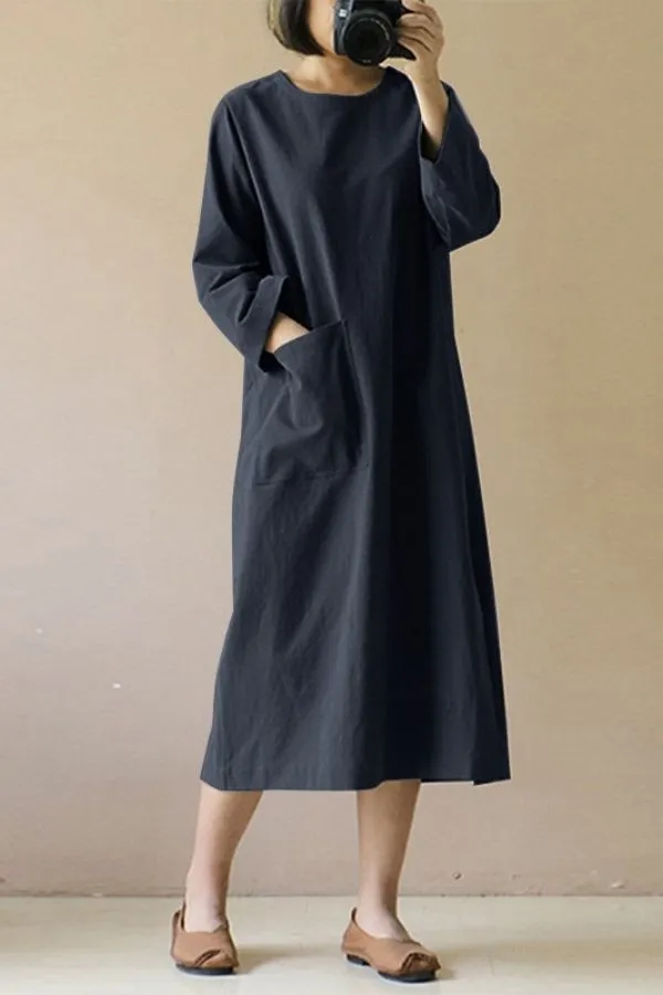 Solid Color Cotton Round Neck Maxi Dress