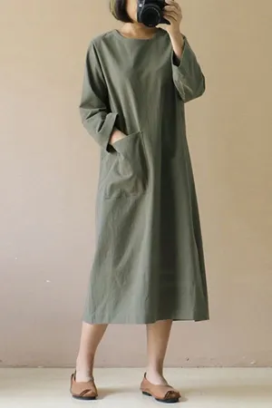 Solid Color Cotton Round Neck Maxi Dress