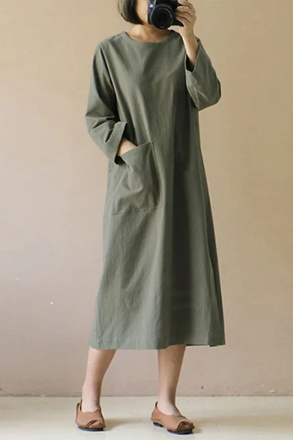 Solid Color Cotton Round Neck Maxi Dress