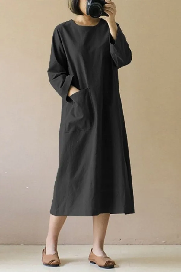 Solid Color Cotton Round Neck Maxi Dress