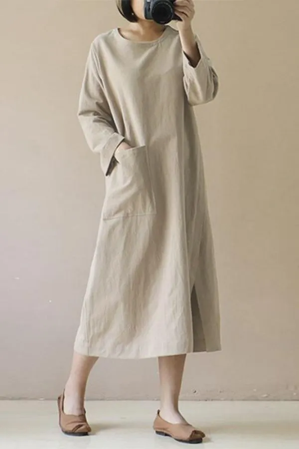 Solid Color Cotton Round Neck Maxi Dress