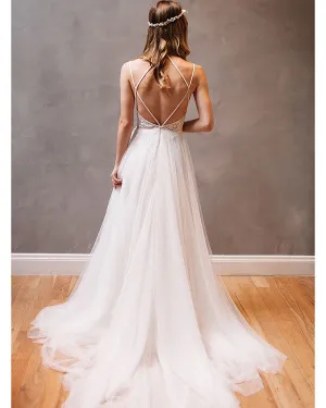 Stylish Criss-Cross Straps Lace Wedding Dress with Beading Sash Beach Bridal Gowns