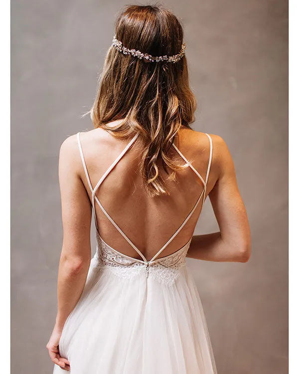 Stylish Criss-Cross Straps Lace Wedding Dress with Beading Sash Beach Bridal Gowns
