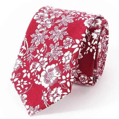 Stylish Handpainted Flowers Leaves Print Formal Wedding Party Tie For Men - Wine Red