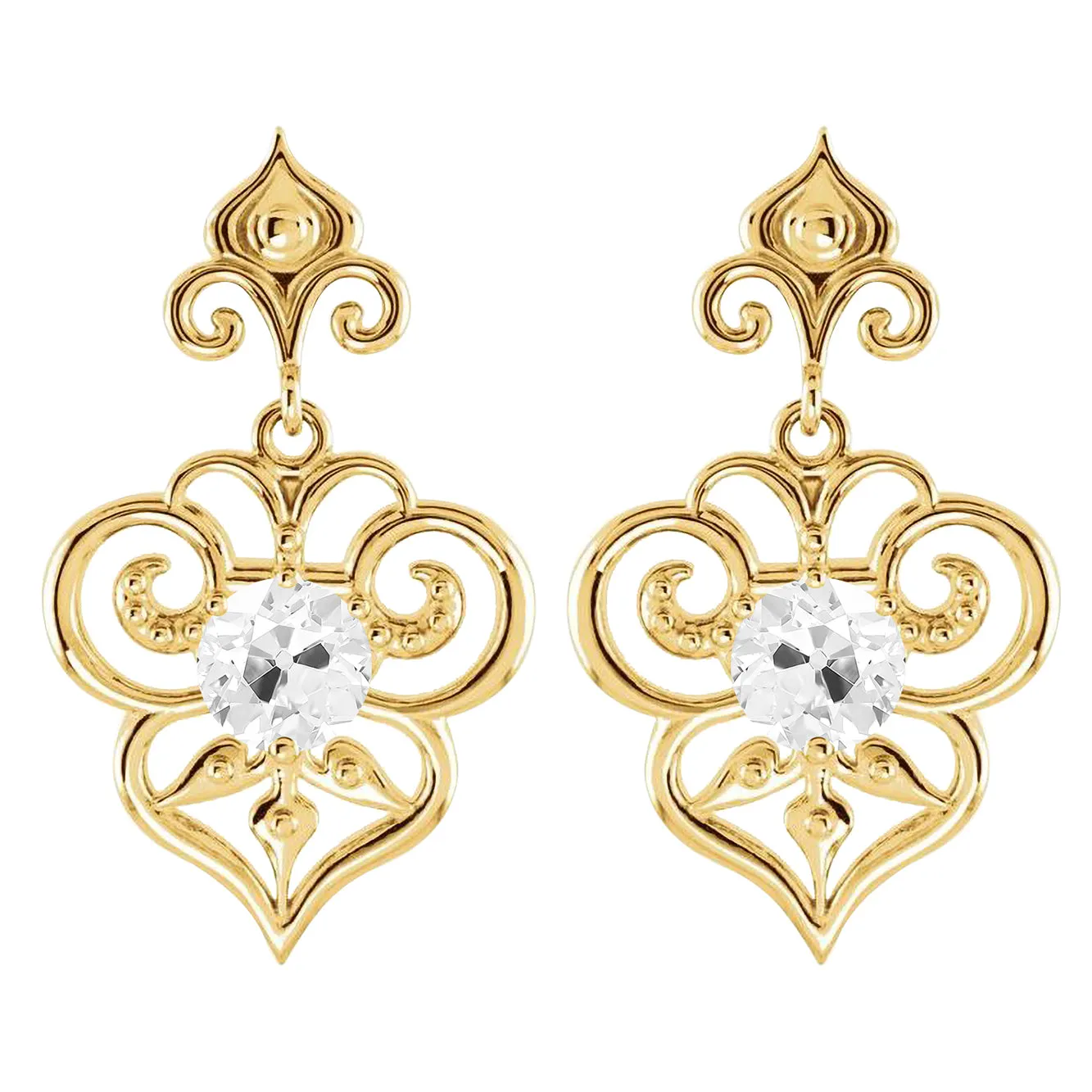 Stylish Solitaire Dangle Earrings 2 Ct Old Cut Mined Diamond Yellow Gold