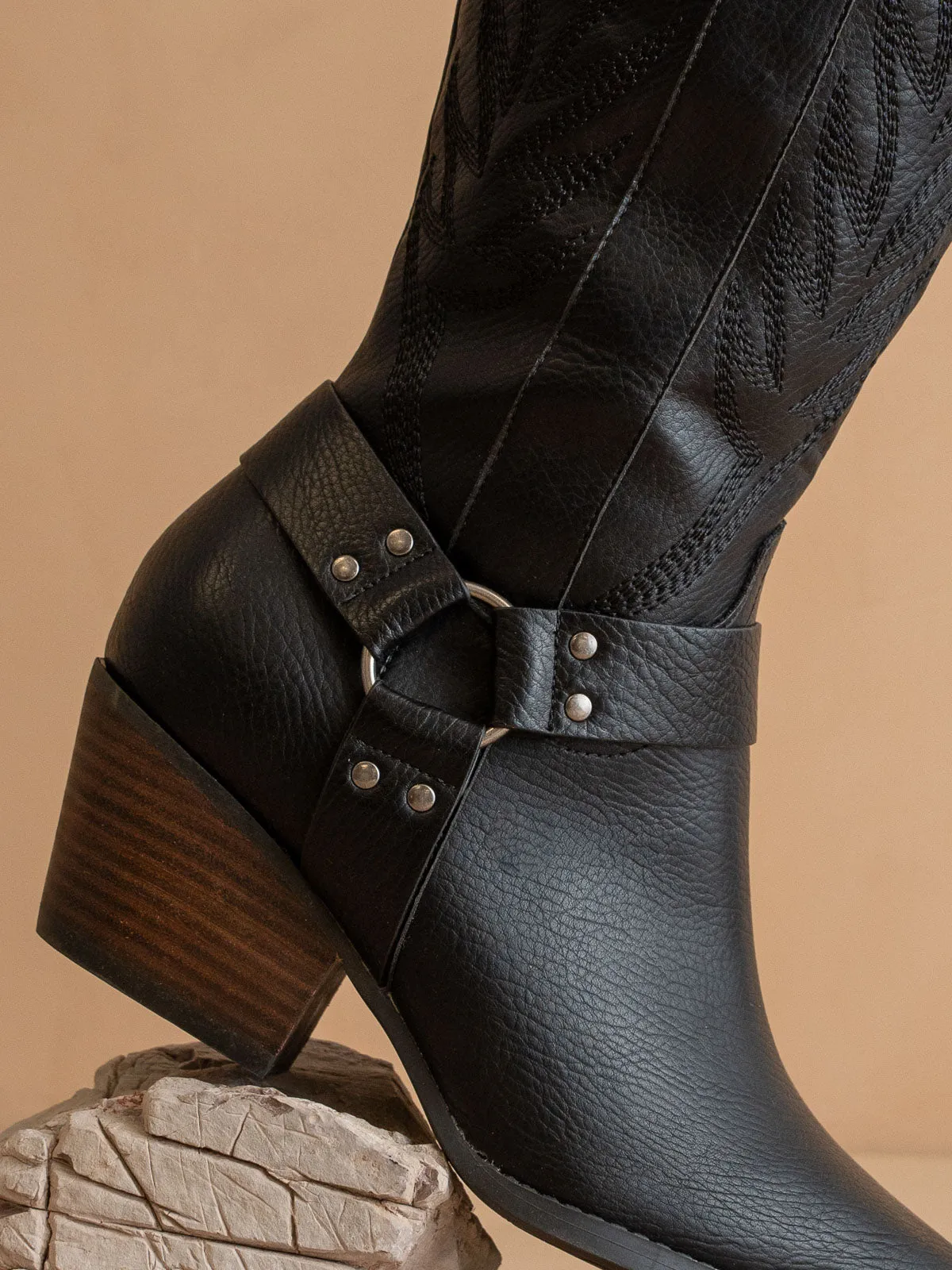 The Faye | Black Knee High Cowboy Boot