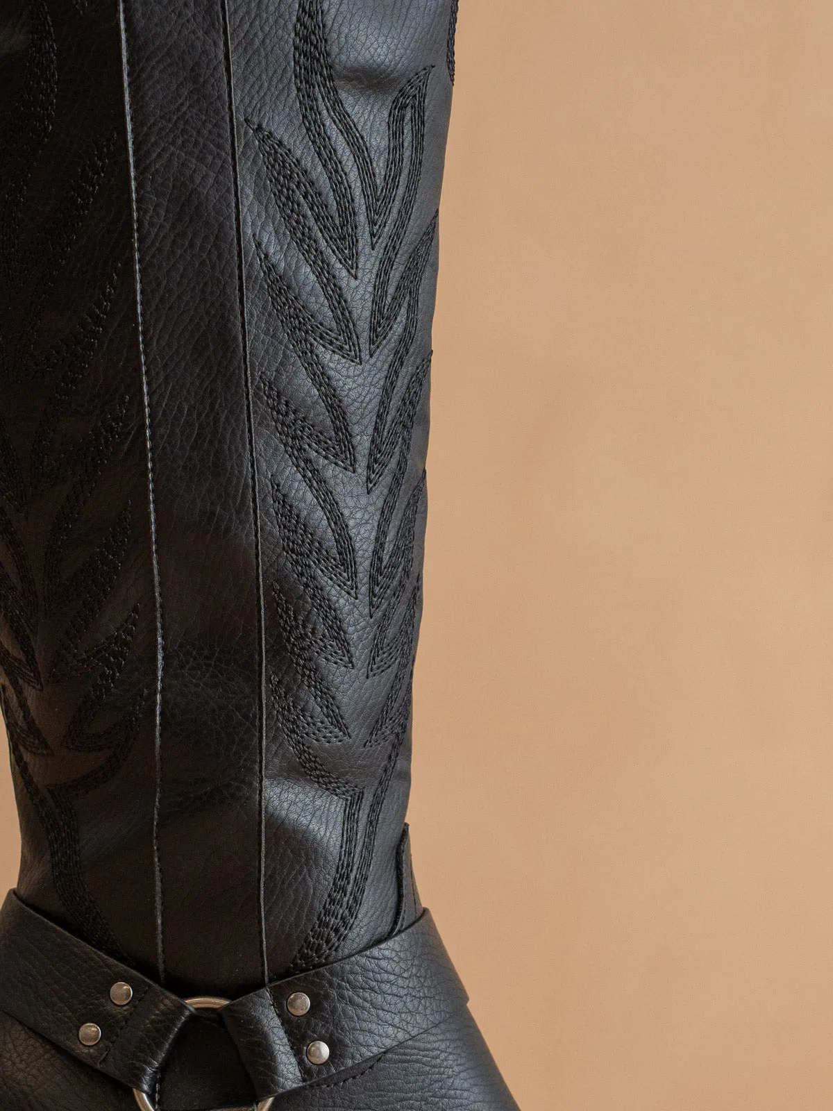 The Faye | Black Knee High Cowboy Boot