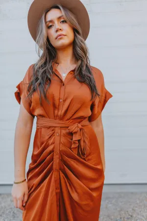 The Tori Satin Midi Shirt Dress - Copper