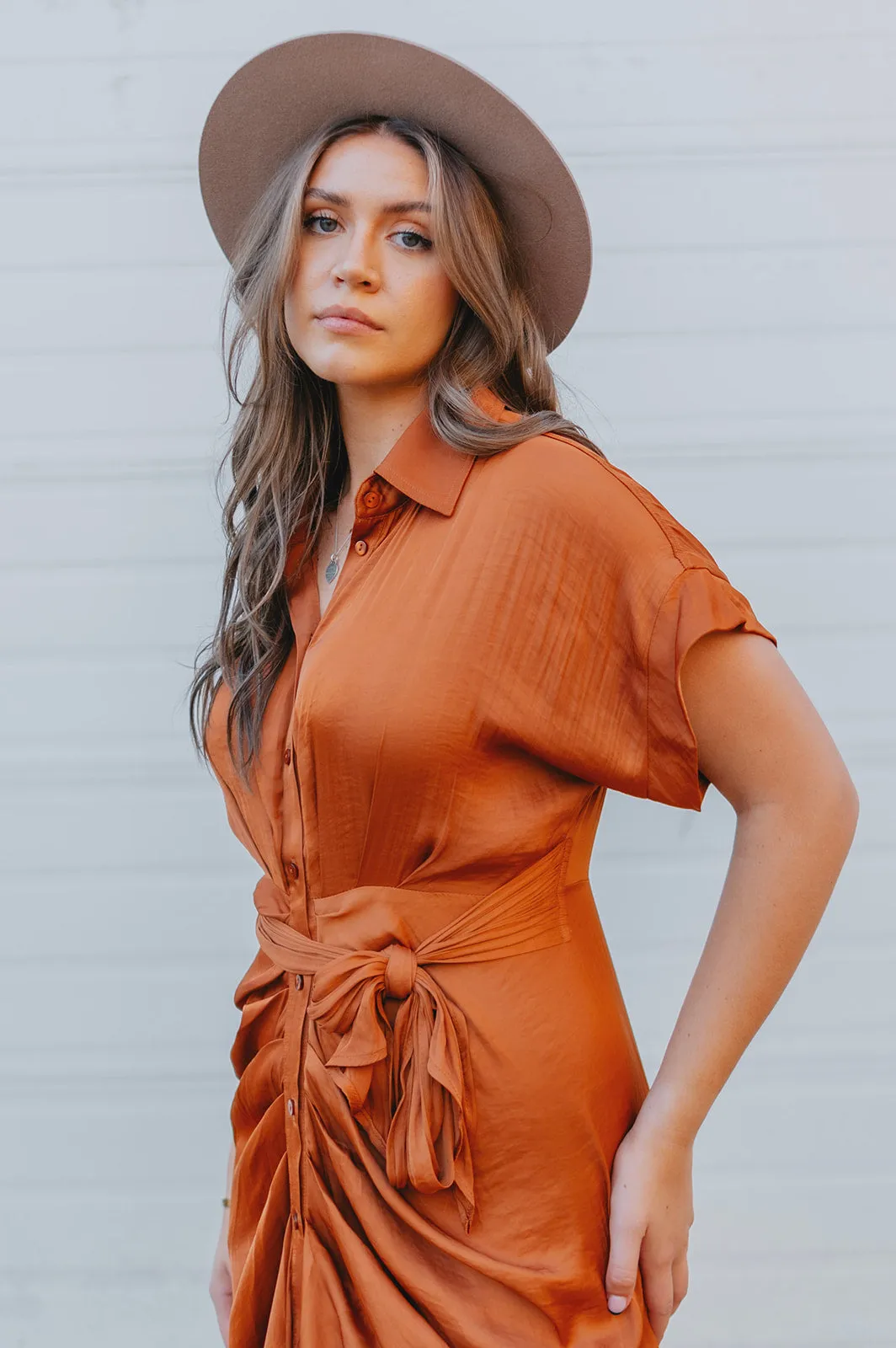 The Tori Satin Midi Shirt Dress - Copper