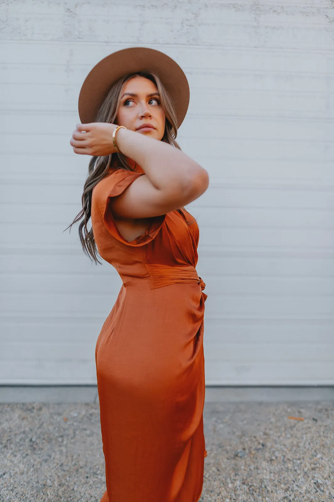 The Tori Satin Midi Shirt Dress - Copper