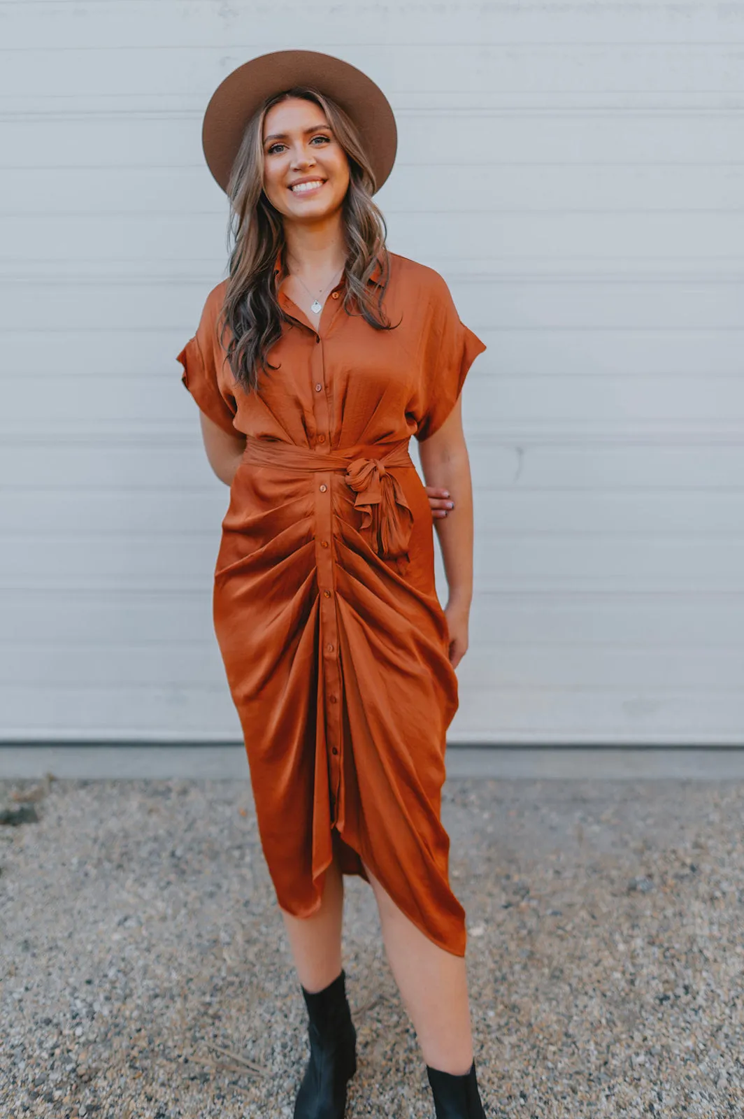 The Tori Satin Midi Shirt Dress - Copper