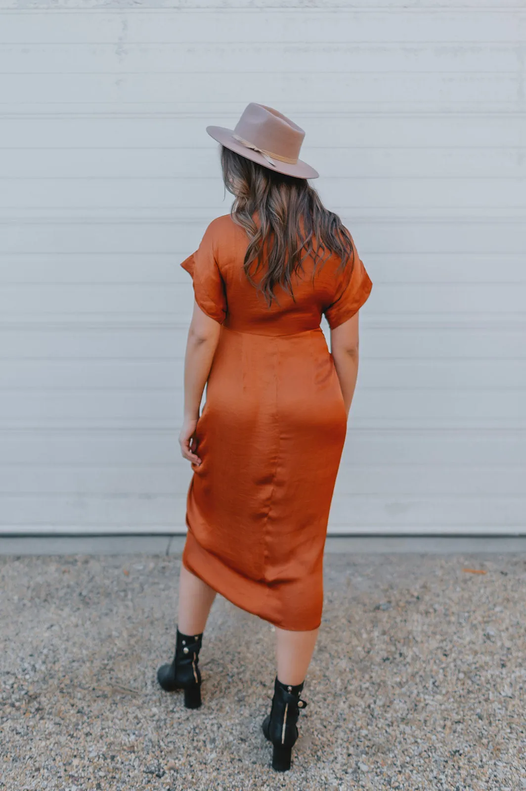 The Tori Satin Midi Shirt Dress - Copper