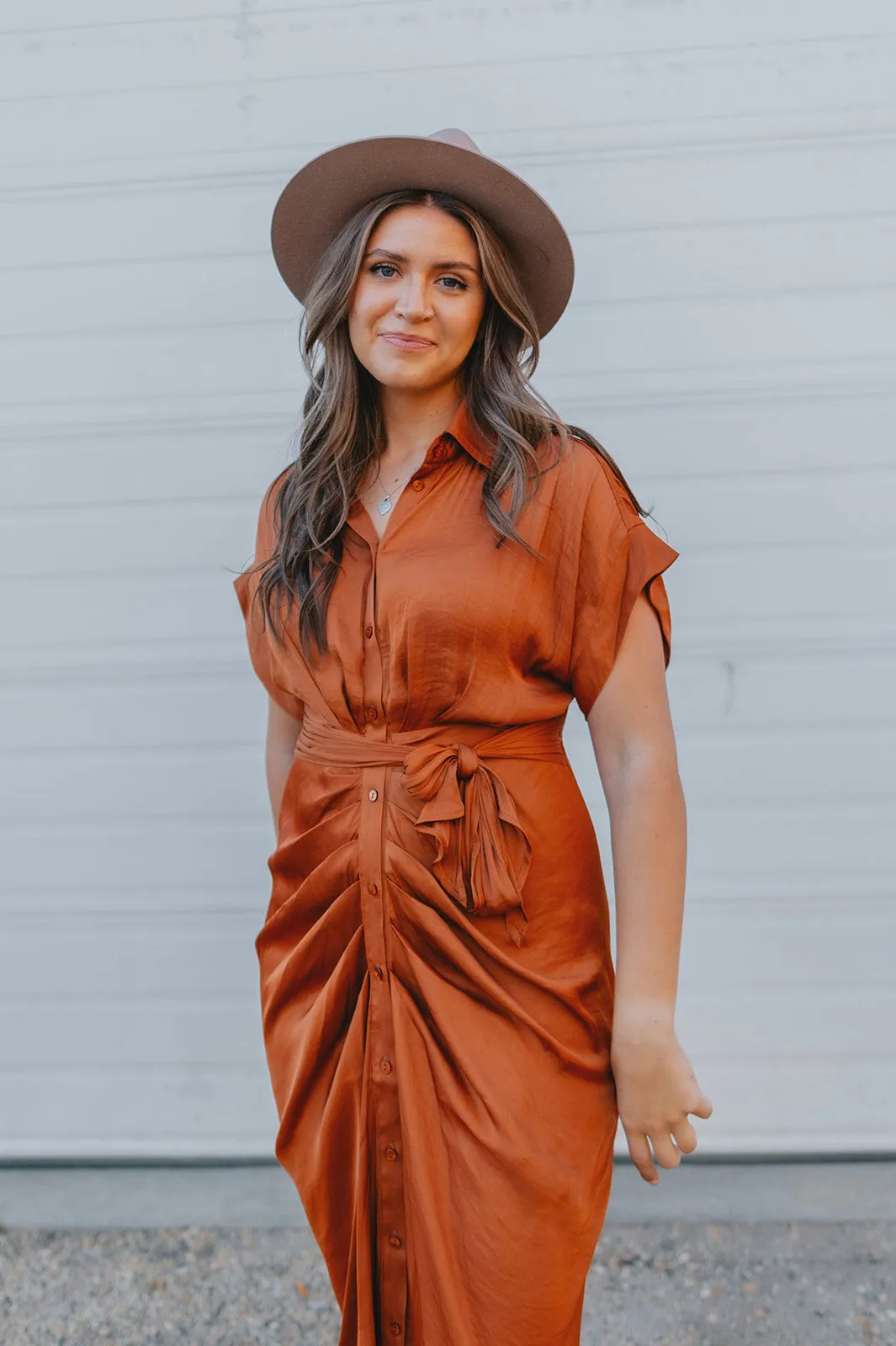 The Tori Satin Midi Shirt Dress - Copper