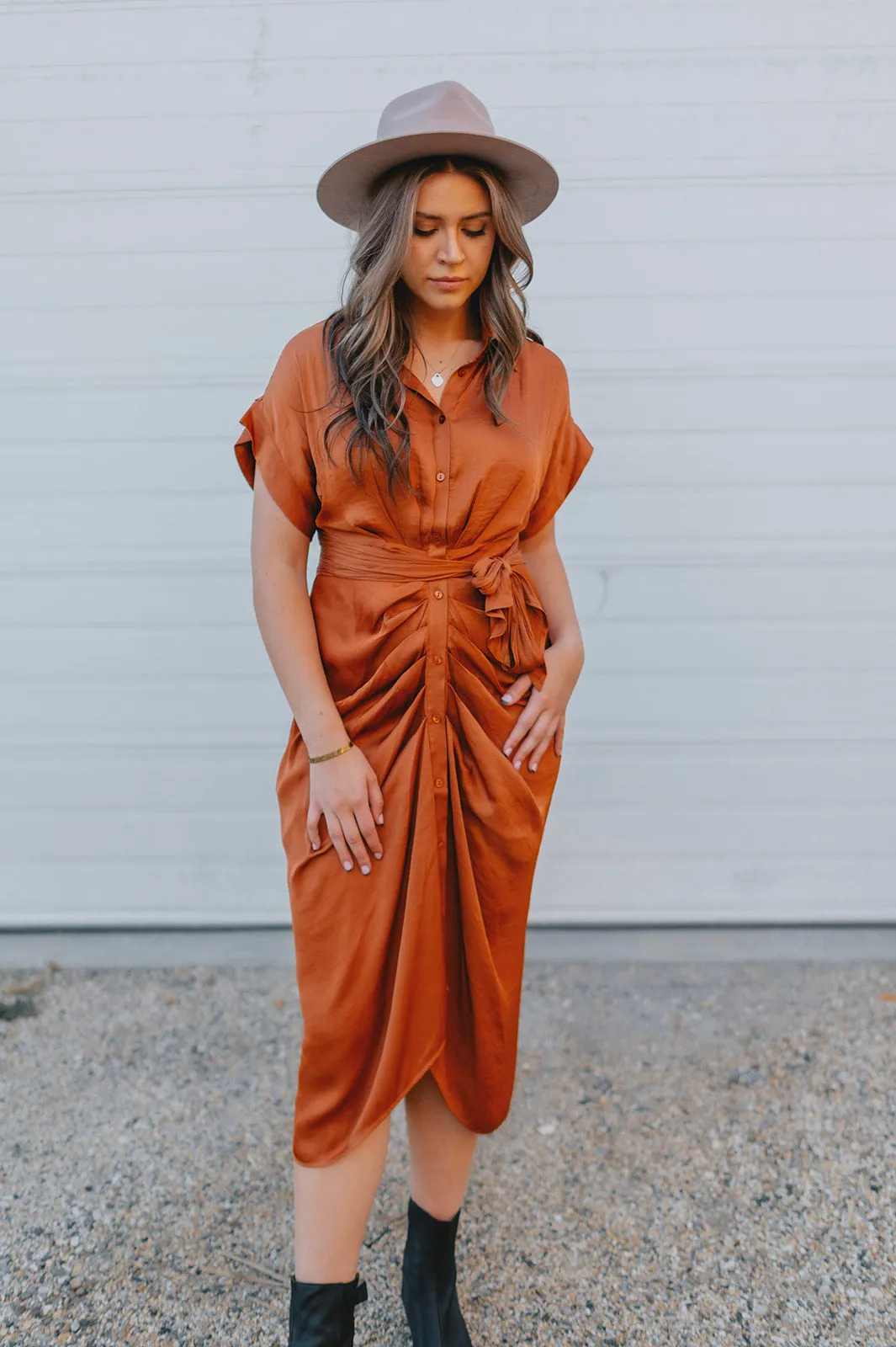 The Tori Satin Midi Shirt Dress - Copper
