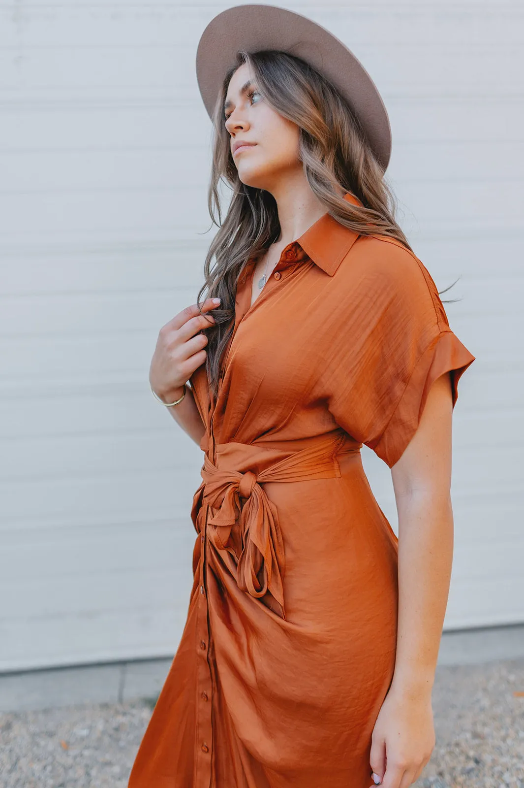 The Tori Satin Midi Shirt Dress - Copper