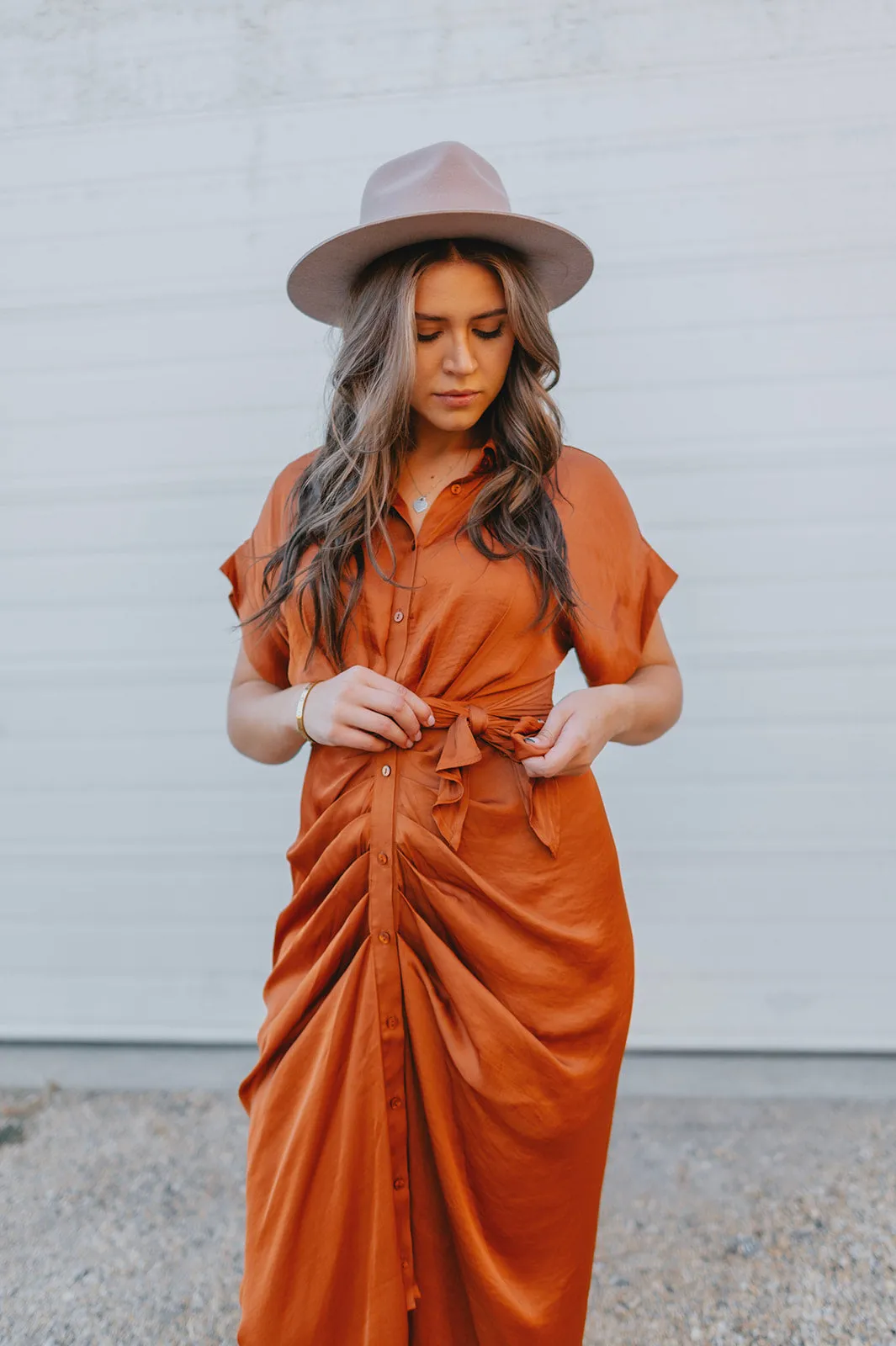 The Tori Satin Midi Shirt Dress - Copper