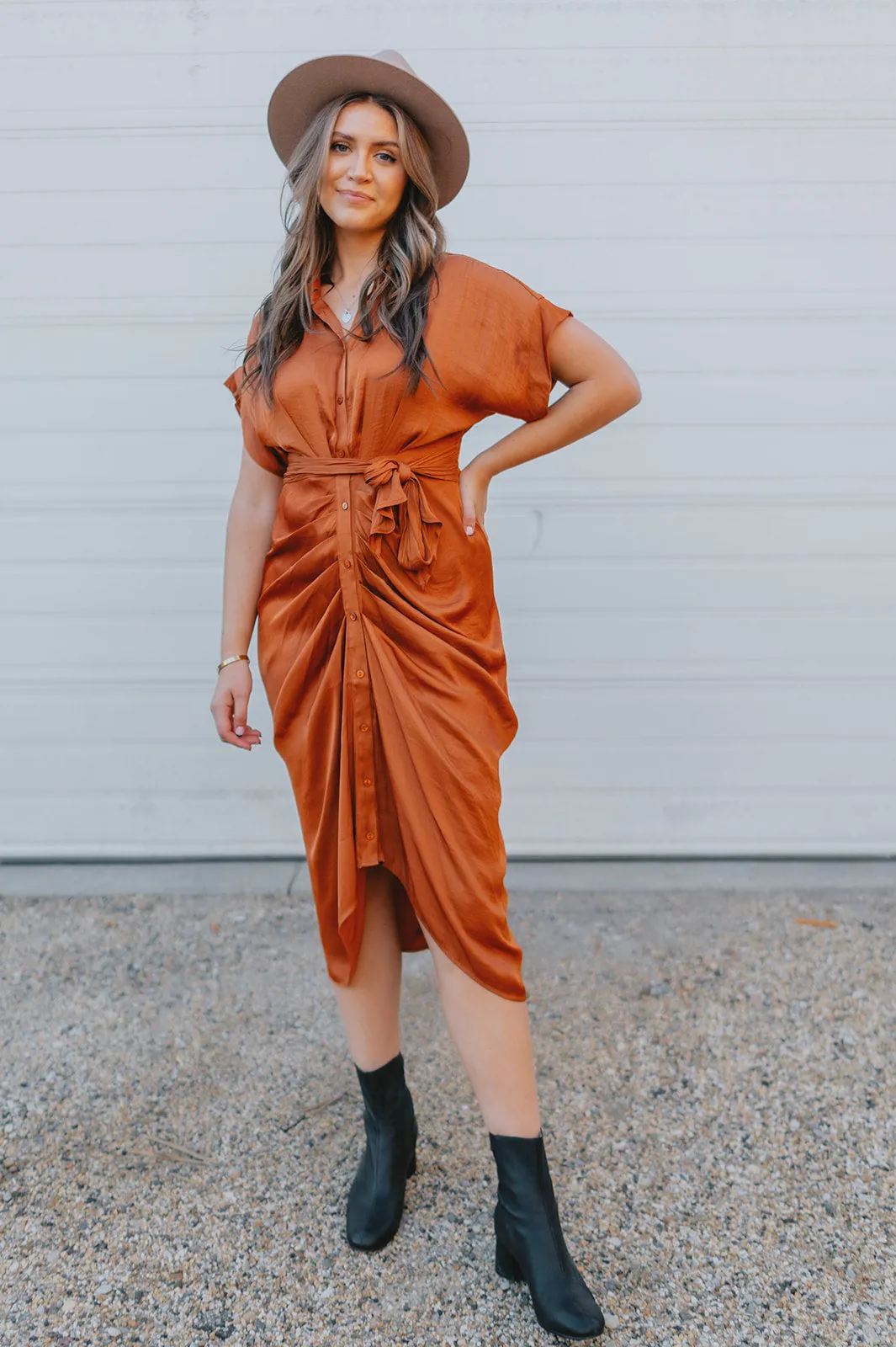The Tori Satin Midi Shirt Dress - Copper