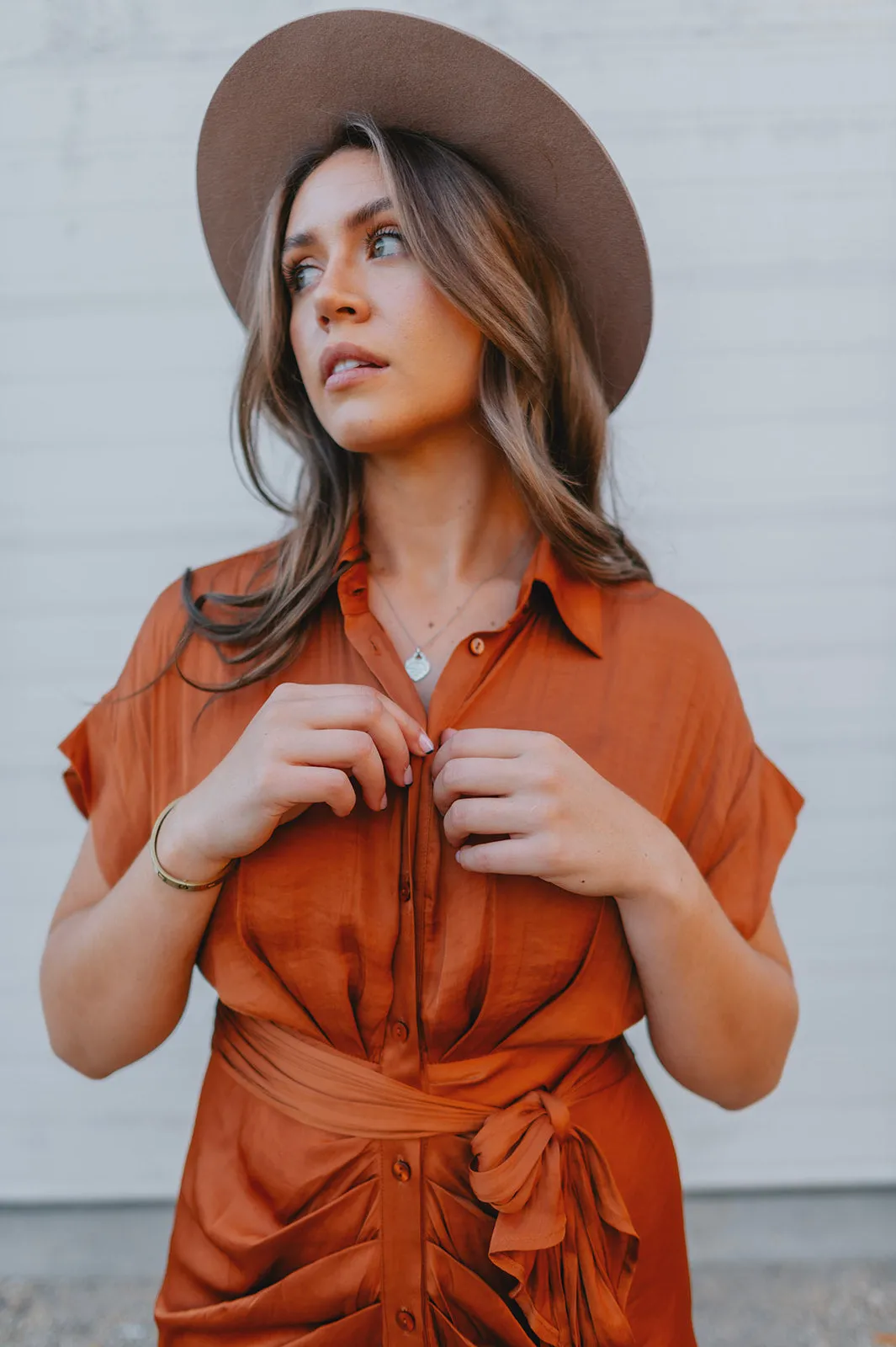 The Tori Satin Midi Shirt Dress - Copper