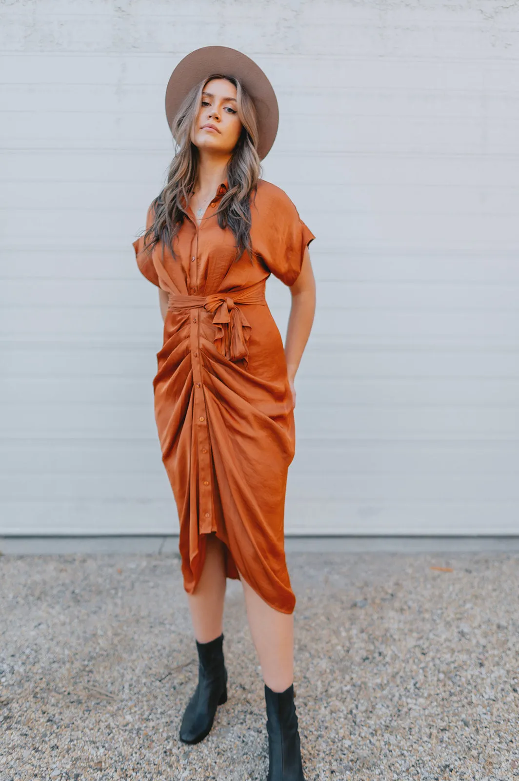 The Tori Satin Midi Shirt Dress - Copper