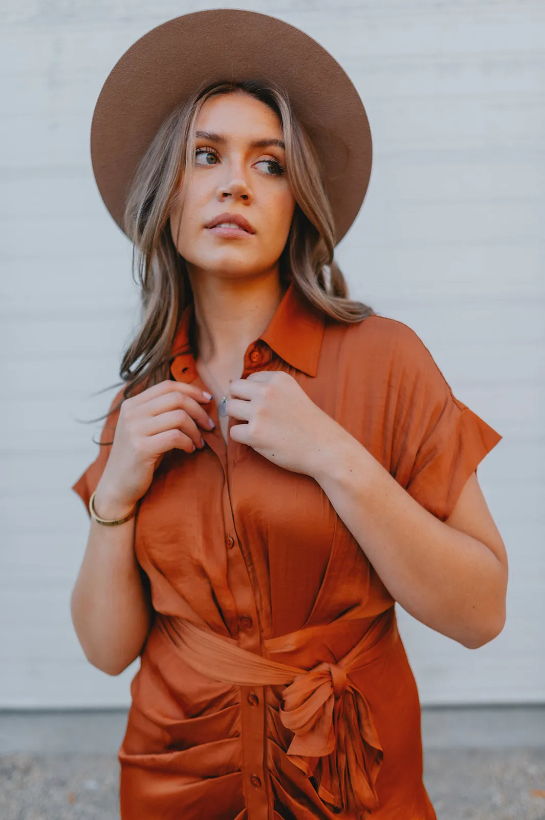 The Tori Satin Midi Shirt Dress - Copper