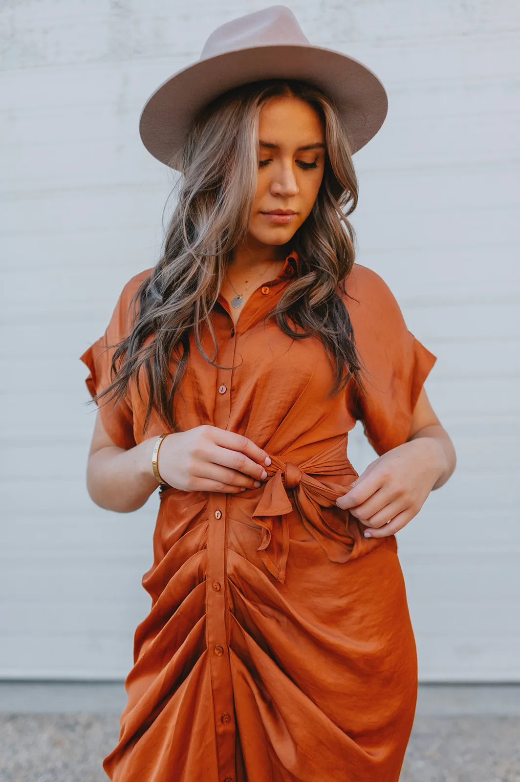 The Tori Satin Midi Shirt Dress - Copper