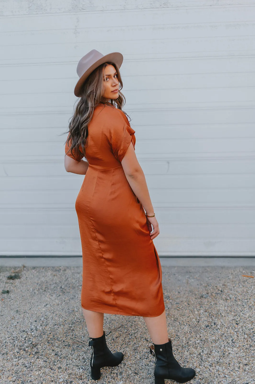 The Tori Satin Midi Shirt Dress - Copper