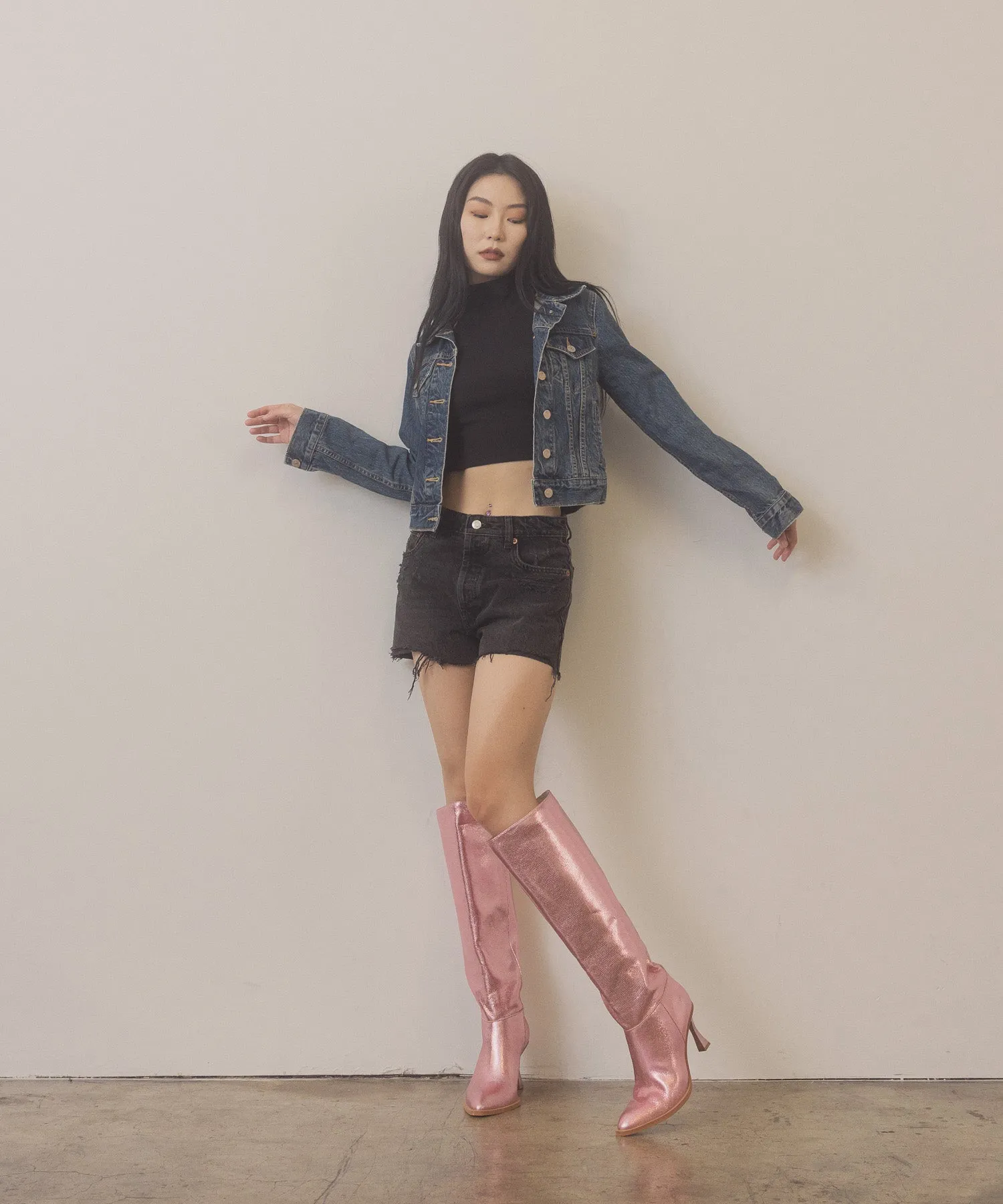 The Vanessa | Metallic Pink  Reptile print knee high boot