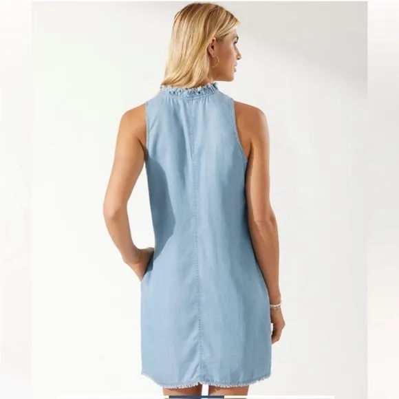 Tommy Bahama Chambray Ruffle Shift Dress Light Blue Storm Wash Beach Coastal XS