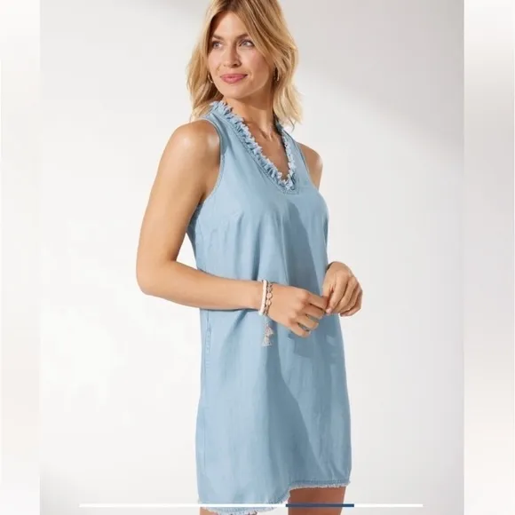 Tommy Bahama Chambray Ruffle Shift Dress Light Blue Storm Wash Beach Coastal XS