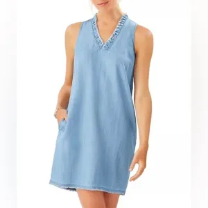 Tommy Bahama Chambray Ruffle Shift Dress Light Blue Storm Wash Beach Coastal XS