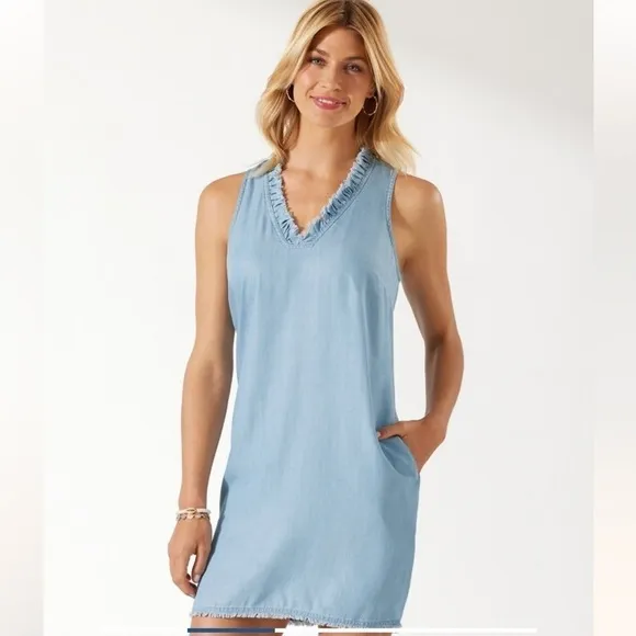 Tommy Bahama Chambray Ruffle Shift Dress Light Blue Storm Wash Beach Coastal XS