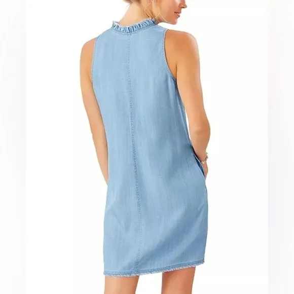 Tommy Bahama Chambray Ruffle Shift Dress Light Blue Storm Wash Beach Coastal XS