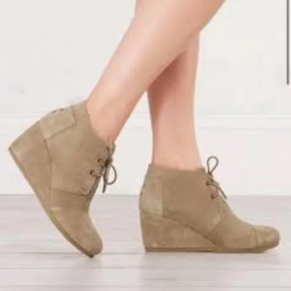 TOMS Desert Wedge Booties in Taupe Suede