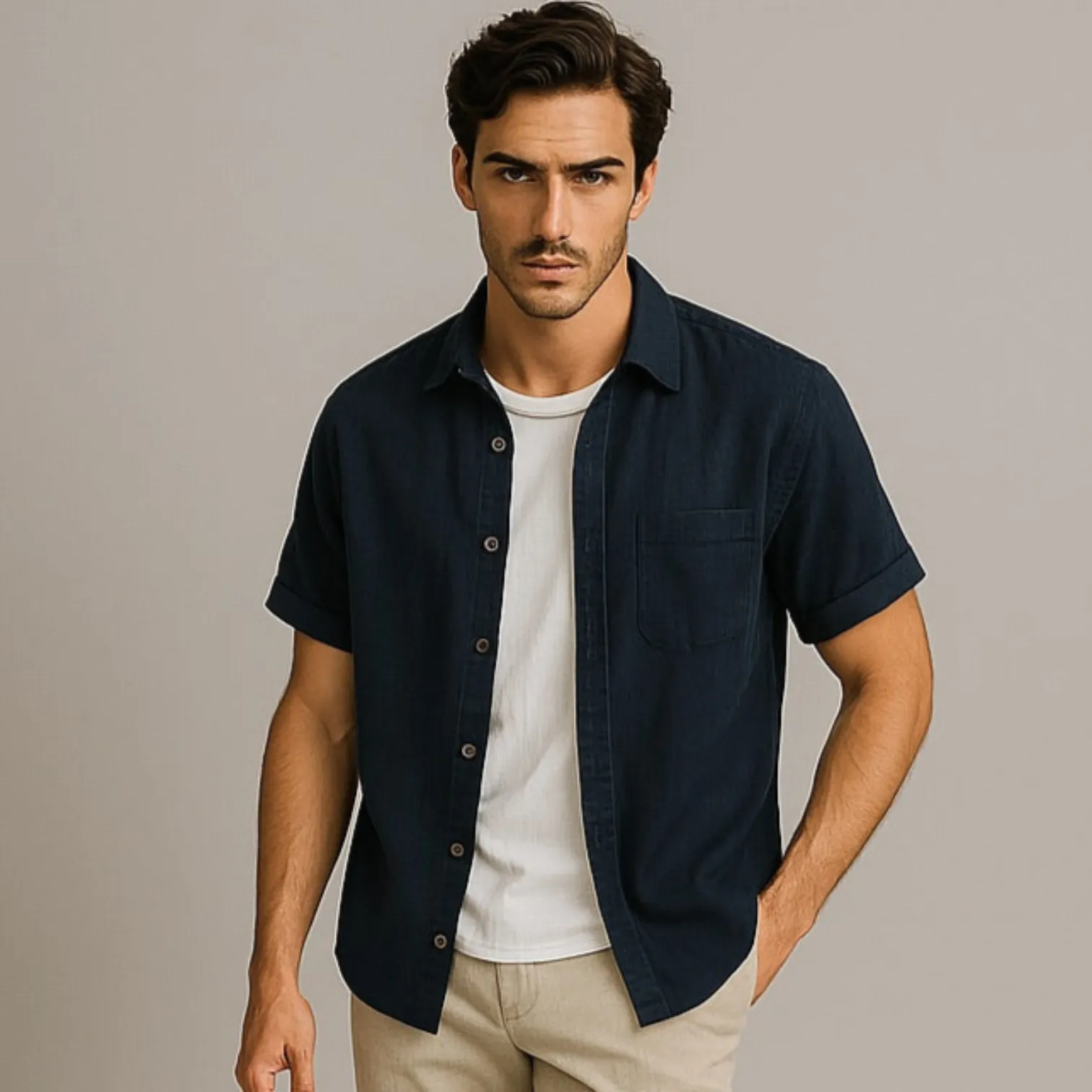 Valenti | Pure Linen Short Sleeve T-Shirt - Button Polo Shirt