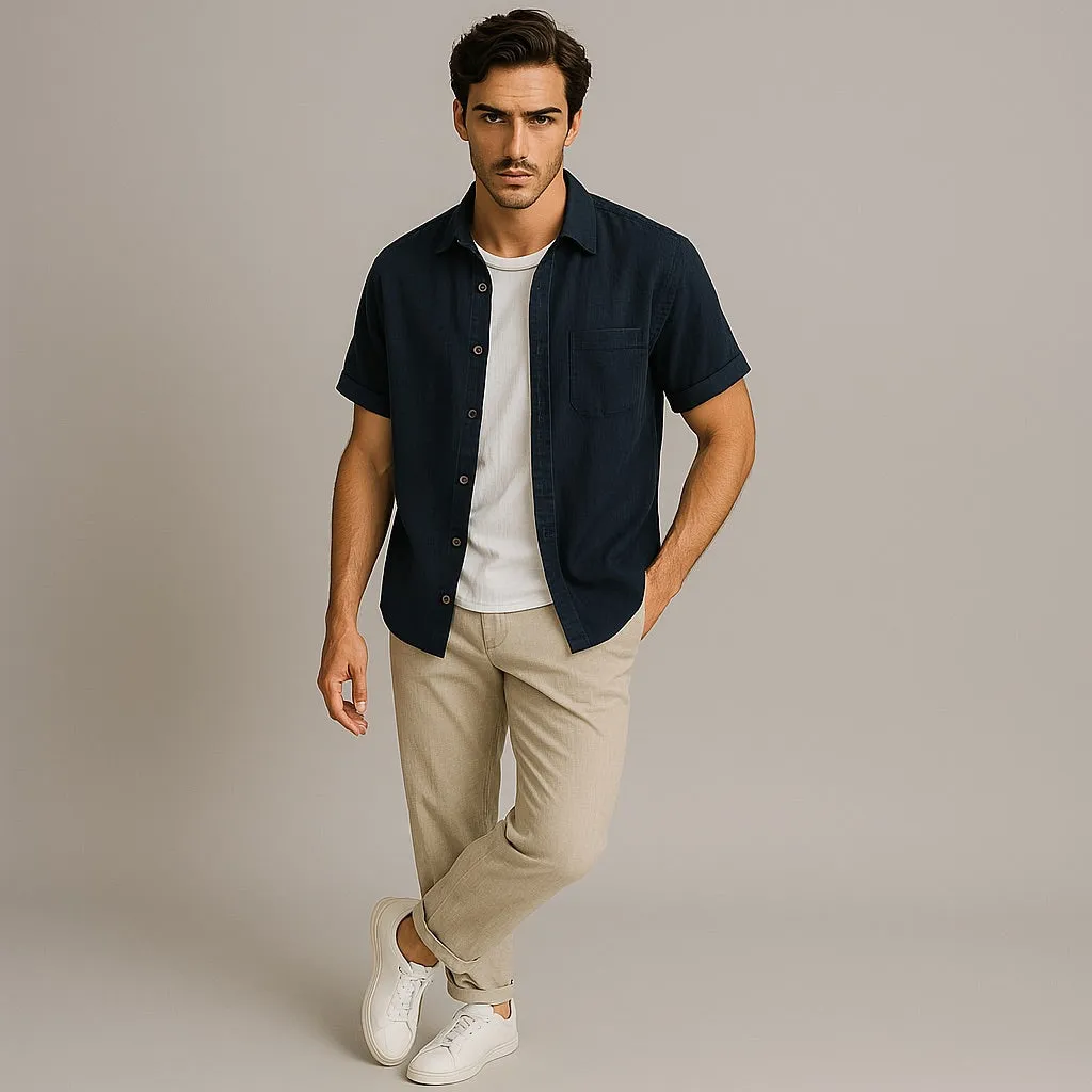 Valenti | Pure Linen Short Sleeve T-Shirt - Button Polo Shirt