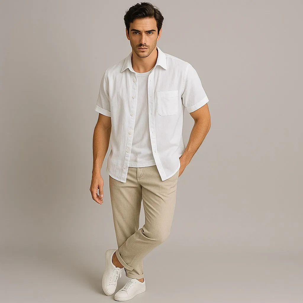 Valenti | Pure Linen Short Sleeve T-Shirt - Button Polo Shirt