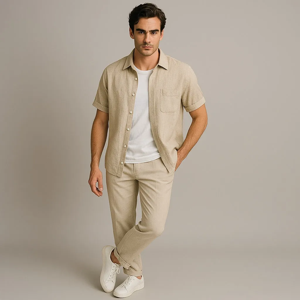 Valenti | Pure Linen Short Sleeve T-Shirt - Button Polo Shirt