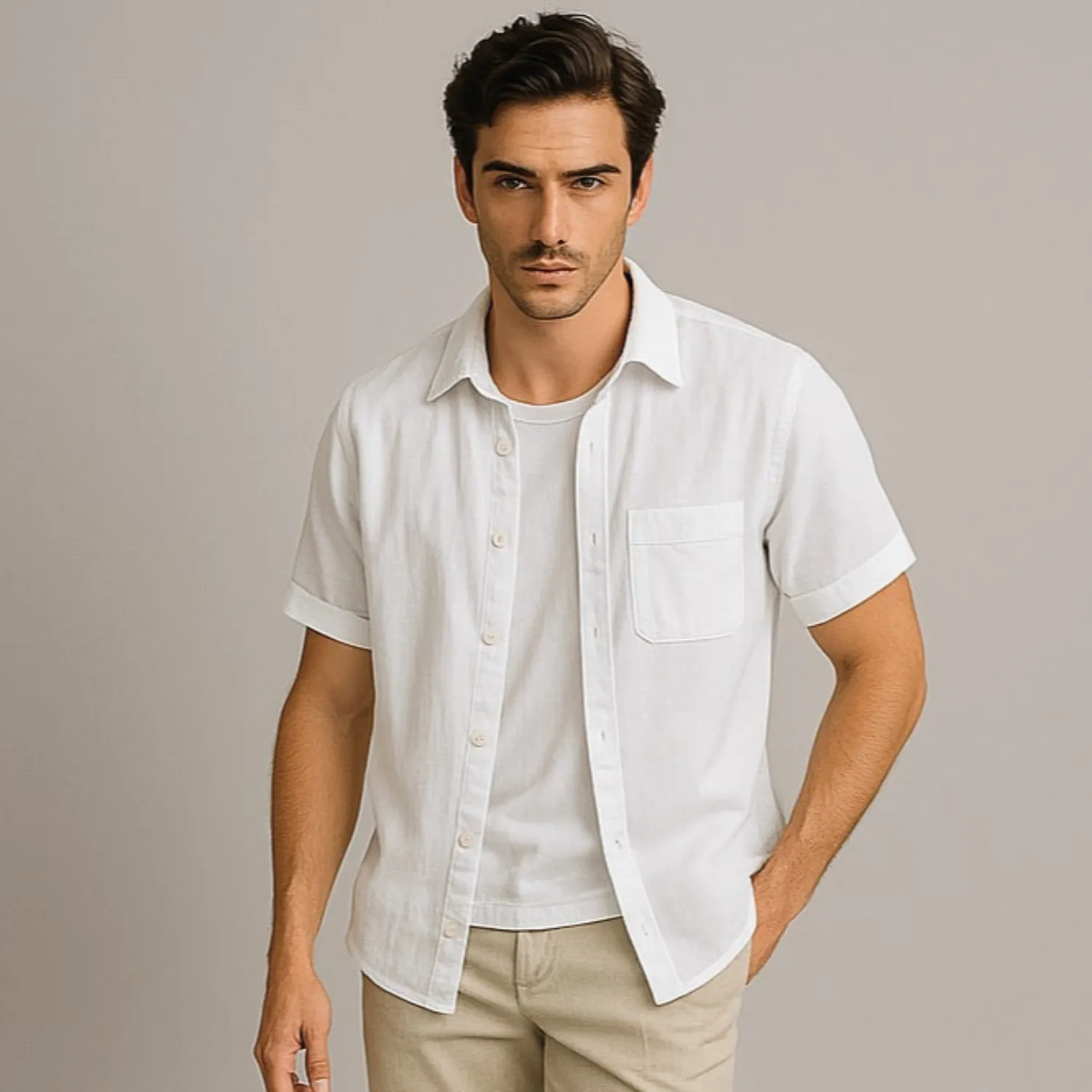 Valenti | Pure Linen Short Sleeve T-Shirt - Button Polo Shirt