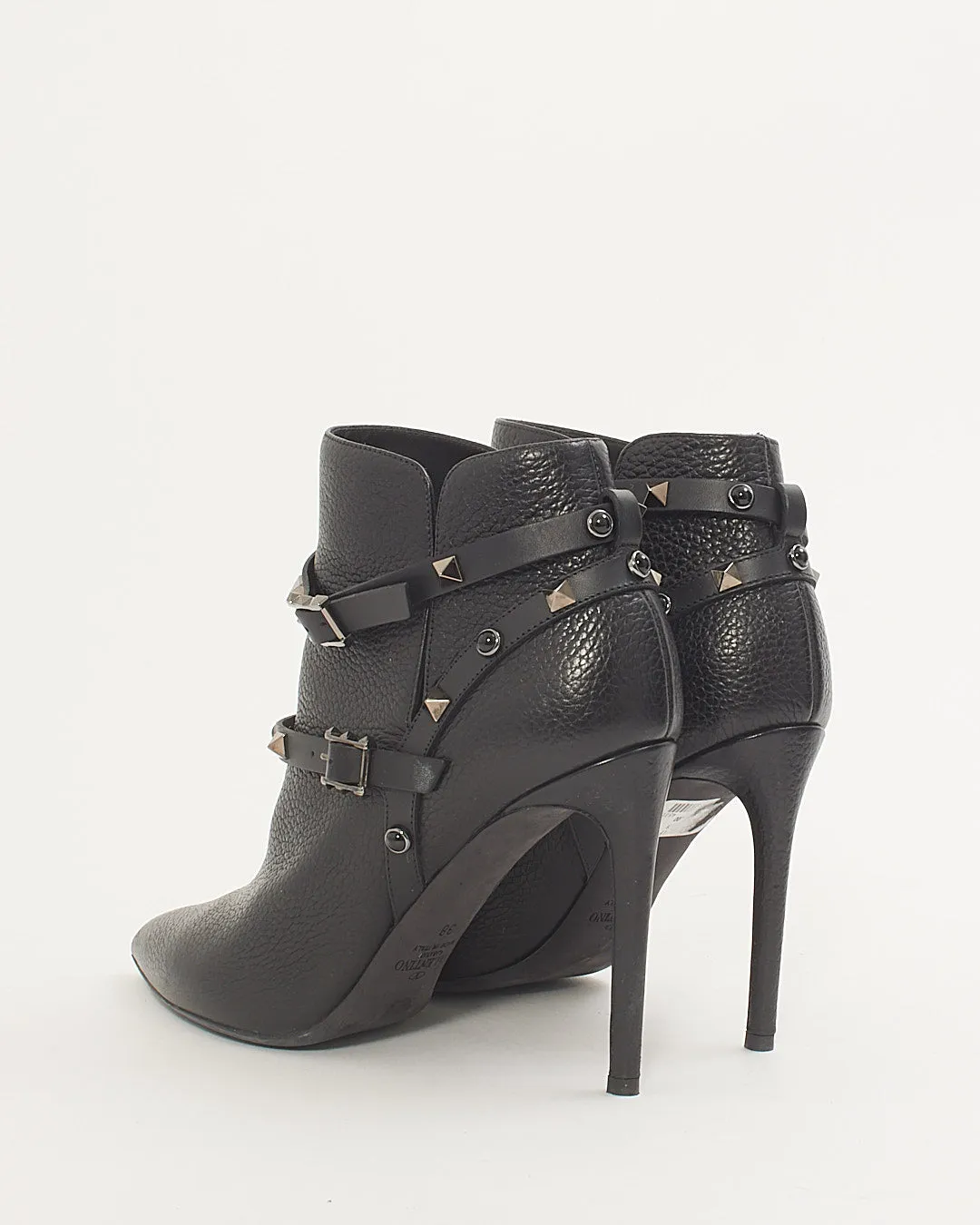 Valentino Black Leather Pointed Toe Heeled Wrap Rockstud Booties - 38