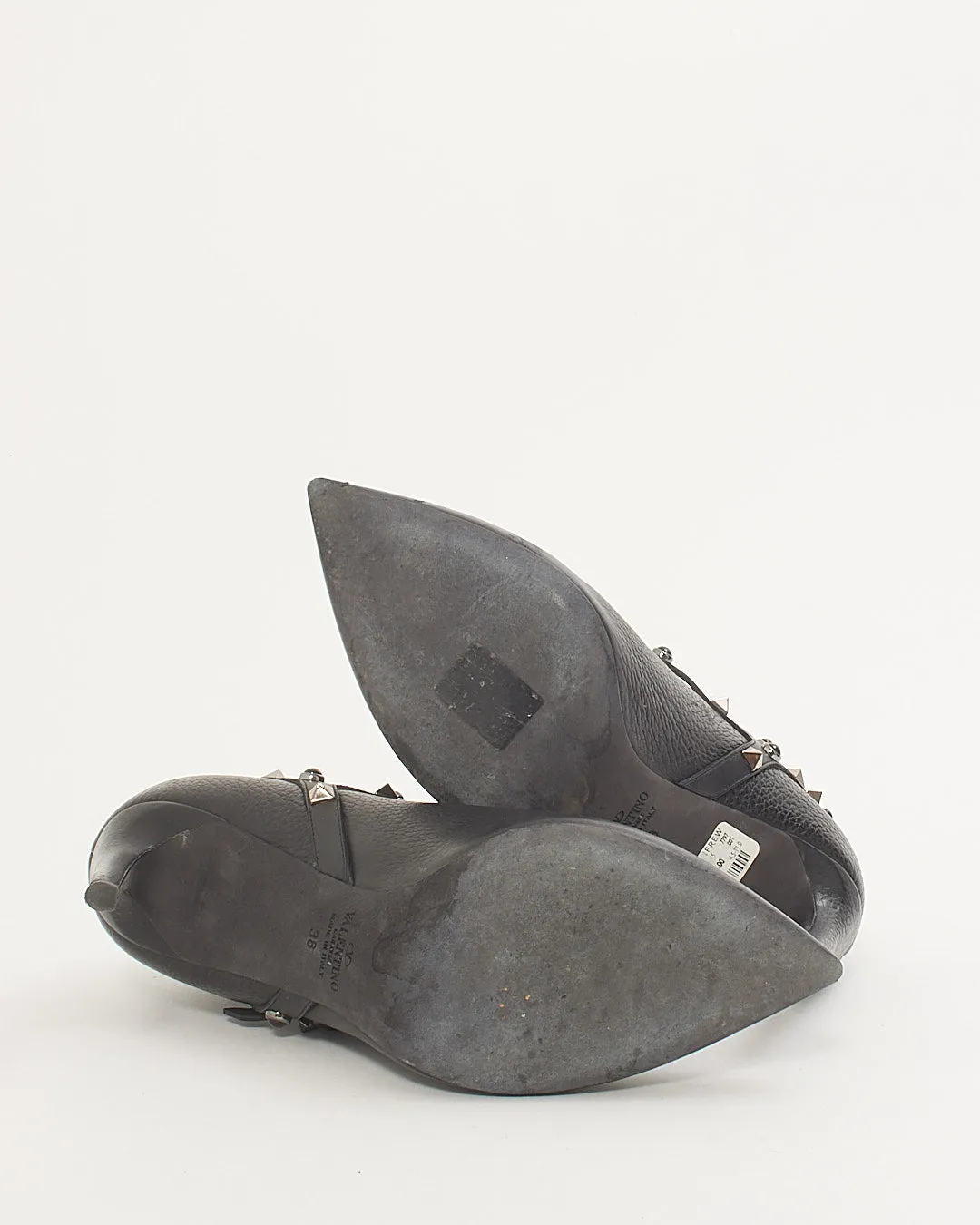 Valentino Black Leather Pointed Toe Heeled Wrap Rockstud Booties - 38