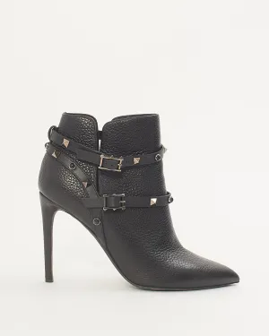 Valentino Black Leather Pointed Toe Heeled Wrap Rockstud Booties - 38