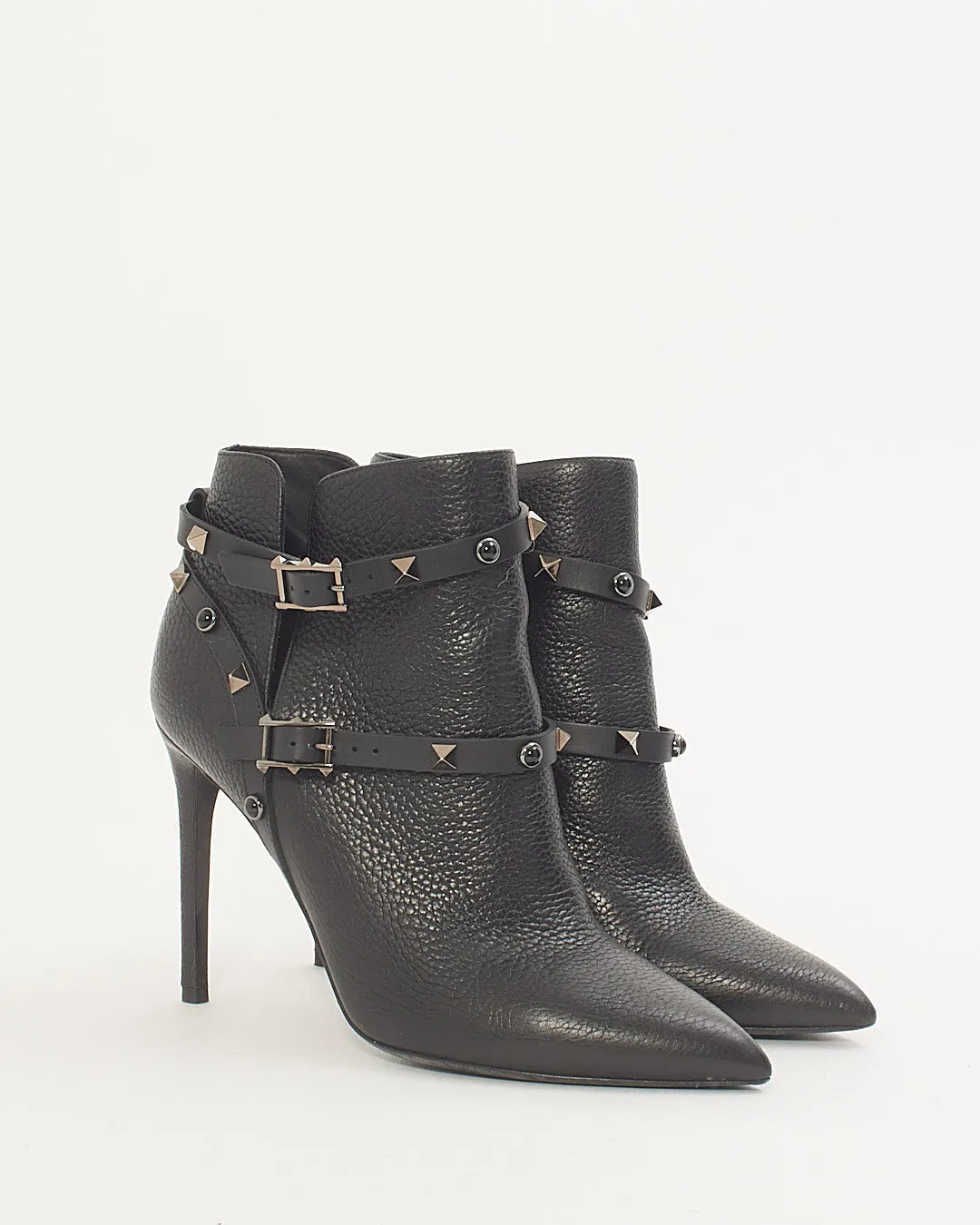 Valentino Black Leather Pointed Toe Heeled Wrap Rockstud Booties - 38