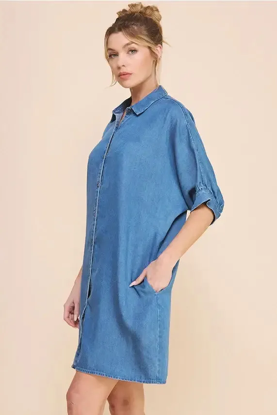 WASHED CHAMBRAY DENIM BREEZY SHIRT DRESS