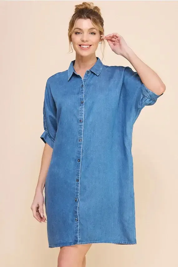 WASHED CHAMBRAY DENIM BREEZY SHIRT DRESS