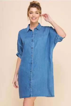 WASHED CHAMBRAY DENIM BREEZY SHIRT DRESS