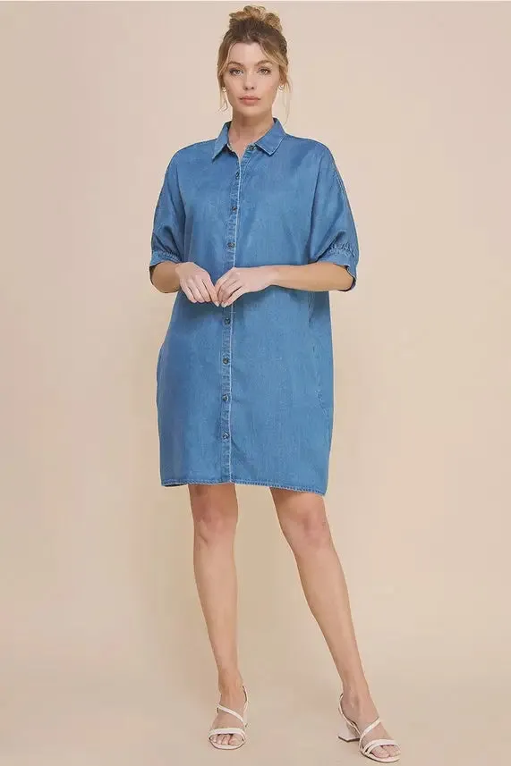 WASHED CHAMBRAY DENIM BREEZY SHIRT DRESS