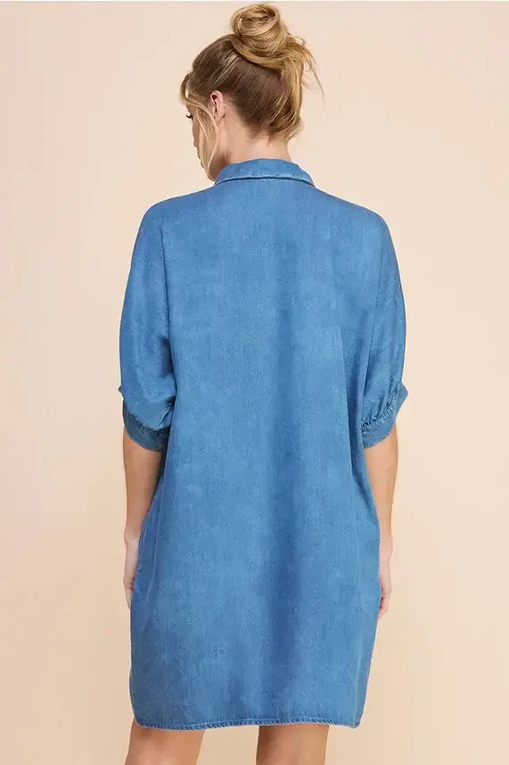 WASHED CHAMBRAY DENIM BREEZY SHIRT DRESS