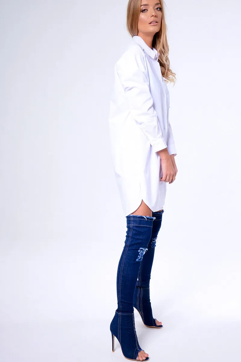 White Stud Detail Oversized Shirt Dress - Ivona
